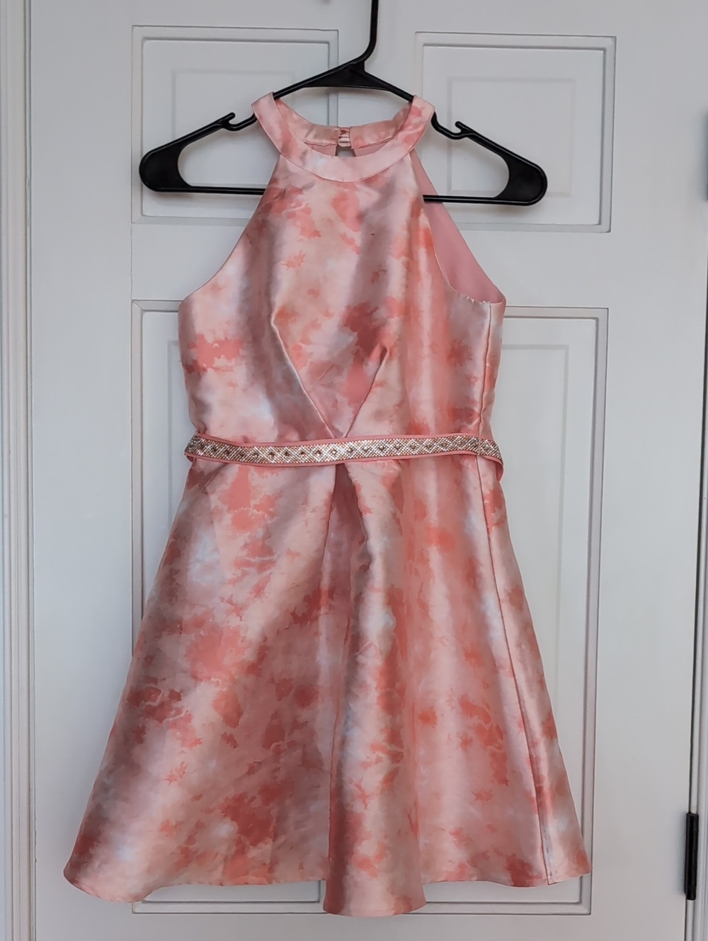 MyMichellle Girls' Peach-Pink Halter Party Dress with Embellished Waist